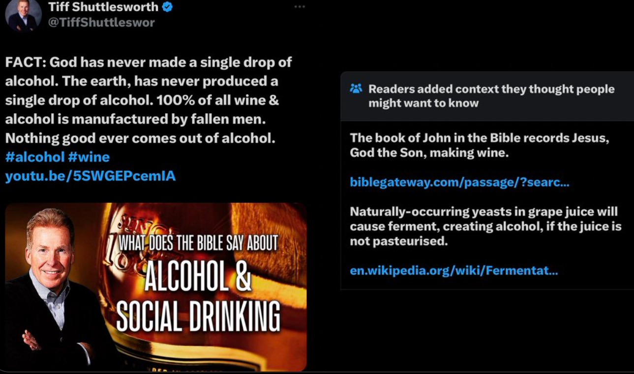 screenshot - Tiff Shuttlesworth Fact God has never made a single drop of alcohol. The earth, has never produced a single drop of alcohol. 100% of all wine & alcohol is manufactured by fallen men. Nothing good ever comes out of alcohol. youtu.be5SWGEPcemIA